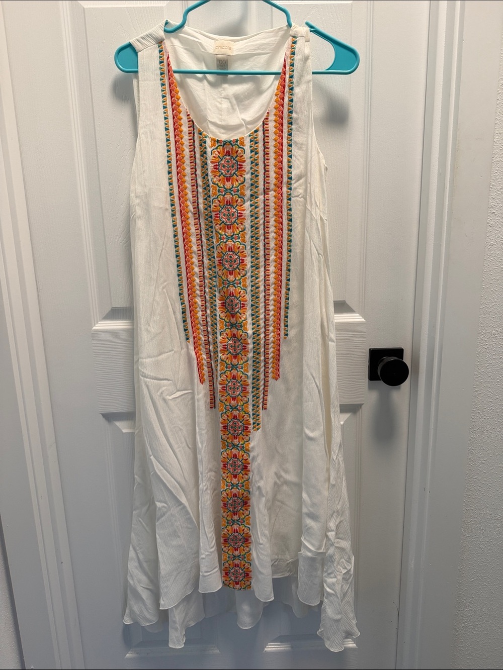 Chico's White Sleeveless Midi Dress with Orange, Pink & Green Embroidery